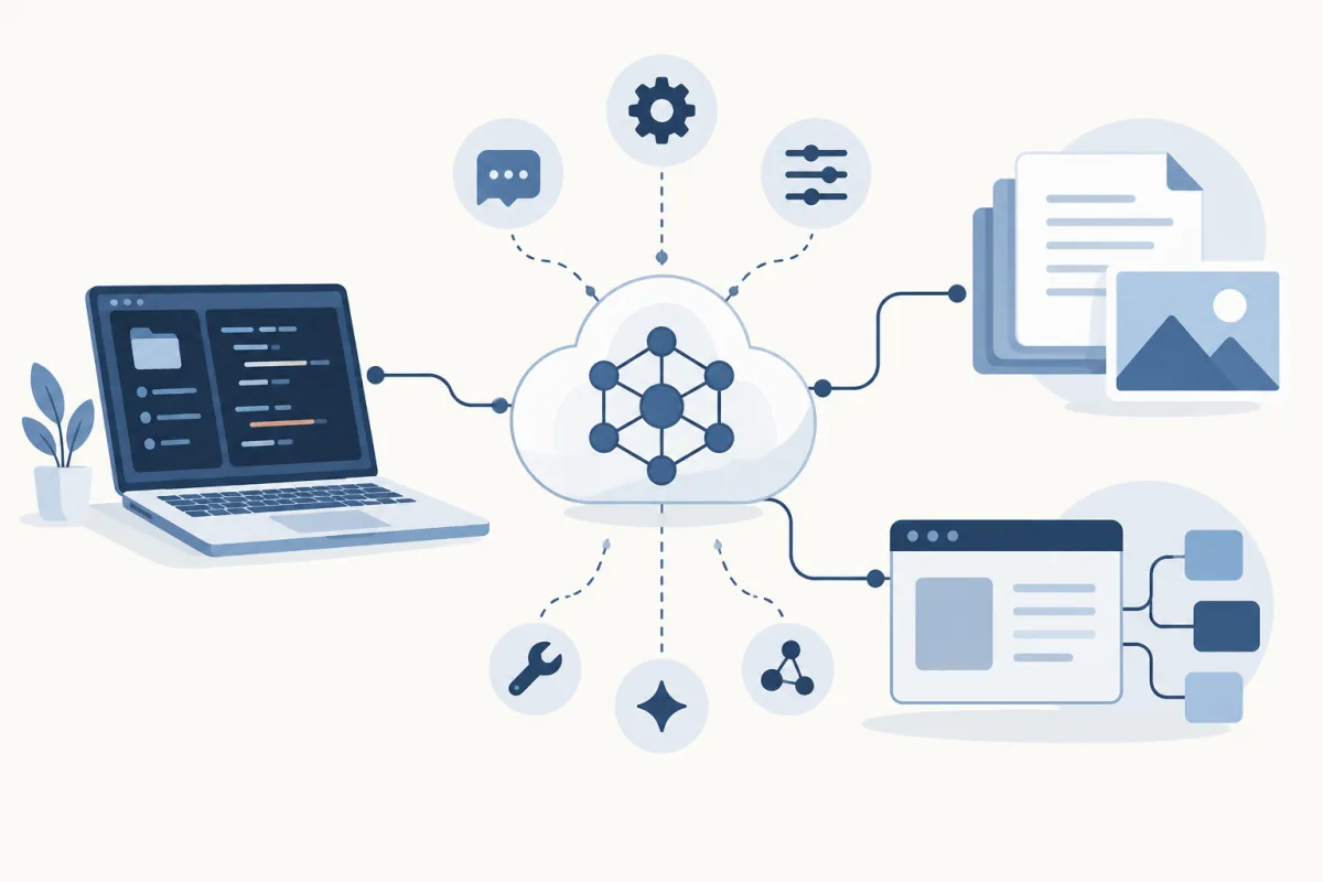 A hosted model connected to a coding workspace, documents and images, and a custom application.