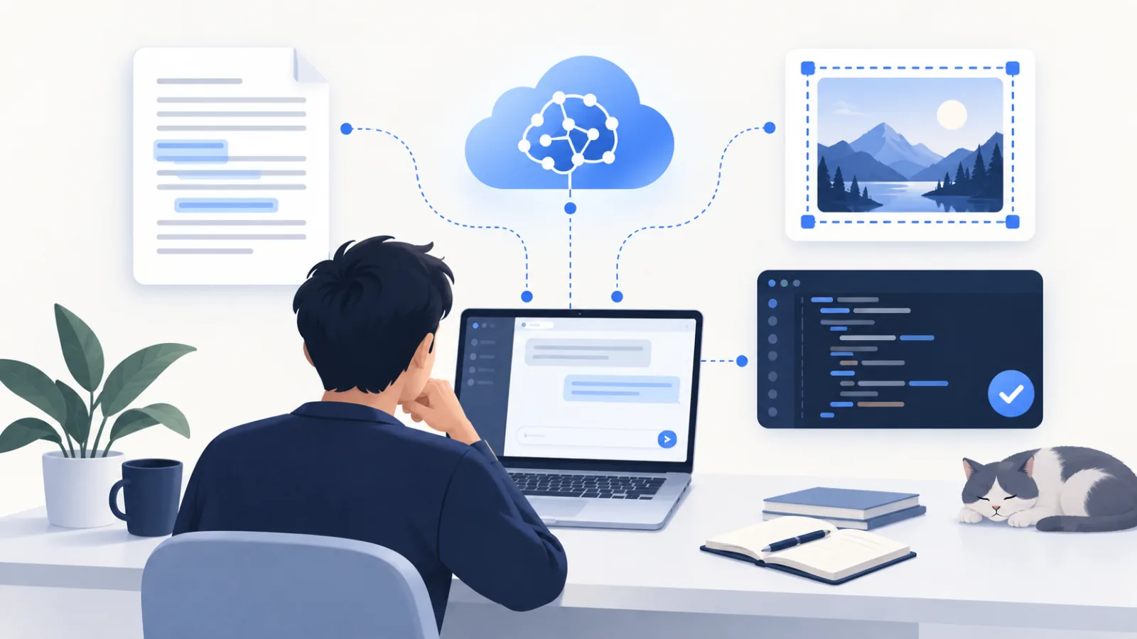 A person using a laptop connected to a hosted AI service for documents, images and coding.