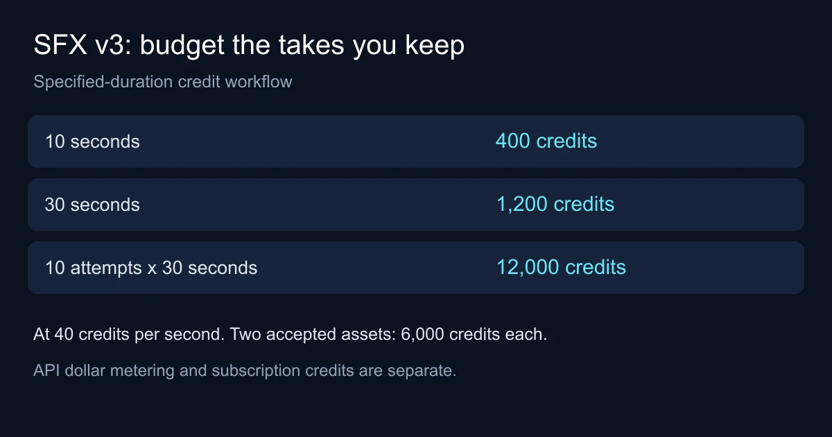 10 seconds: 400 credits; 30 seconds: 1,200 credits; 10 attempts x 30 seconds: 12,000 credits. At 40 credits per second. Two accepted assets: 6,000 credits each. API dollar metering and subscription credits are separate.
