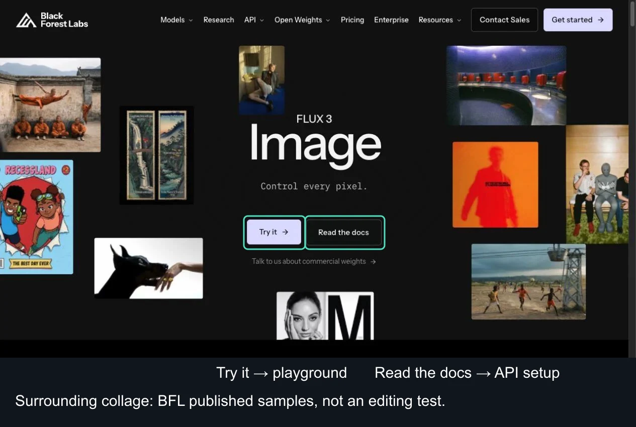 BFL’s Image entry page with Try it and Read the docs highlighted; the surrounding collage contains publisher samples.