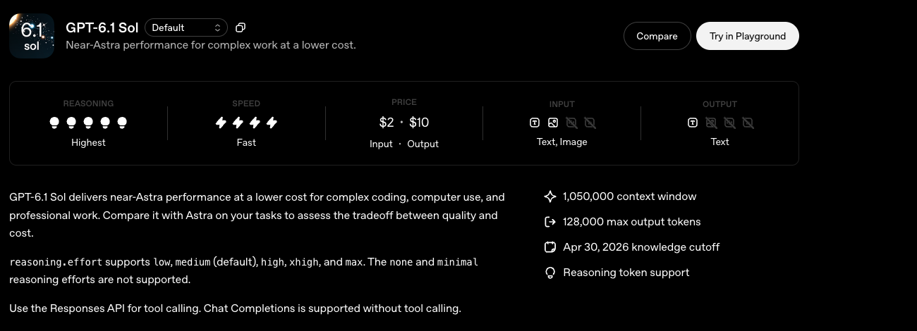 OpenAI GPT-6.1 Sol model card showing the two-dollar input and ten-dollar output rates, context window, and supported reasoning effort settings.