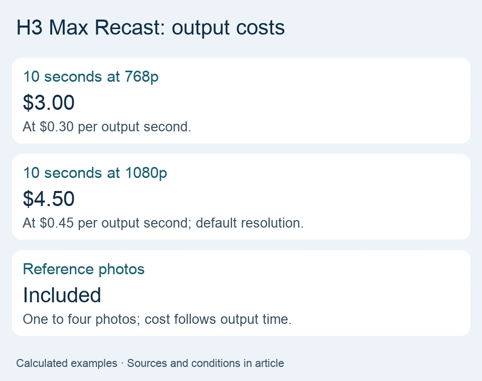 Ten output seconds of H3 Max Recast cost $3 at 768p or $4.50 at 1080p, including reference photos.