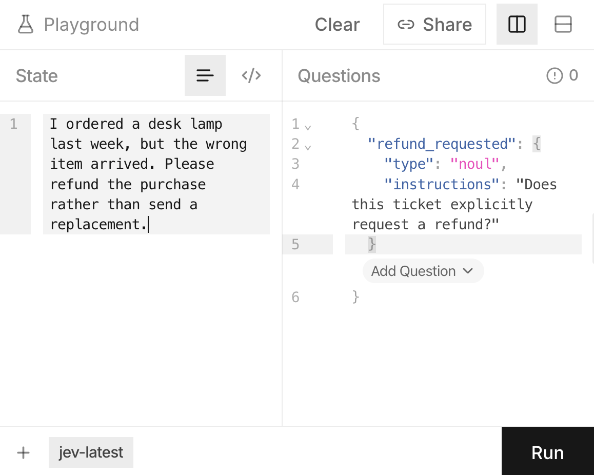 TypeSafe Playground with a sample support ticket in State and a Noul refund question in Questions