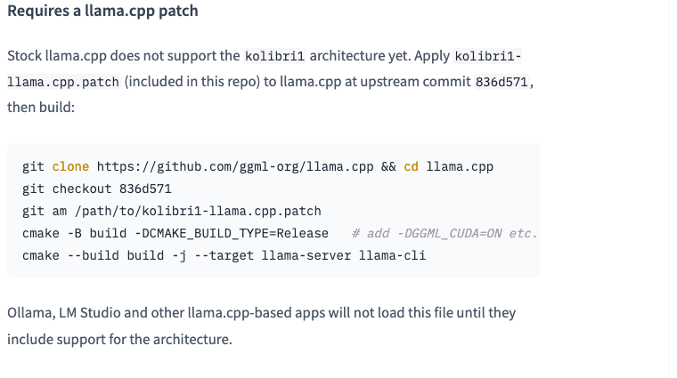 Hob-forge Kolibri GGUF model card: llama.cpp commit 836d571 and patch build commands