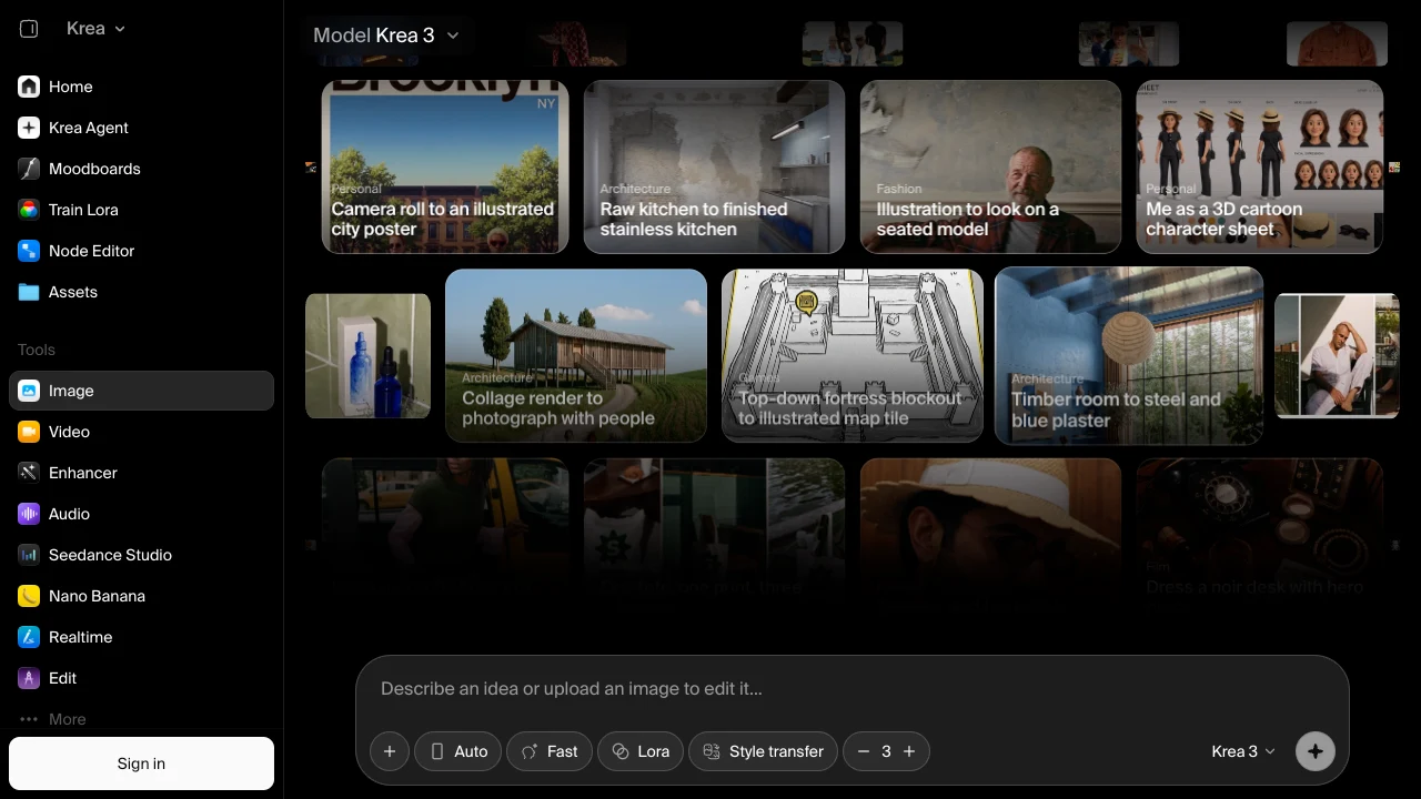 Krea 3 hosted image editor with official example templates, an editing prompt field, style controls and the Krea 3 model selector.