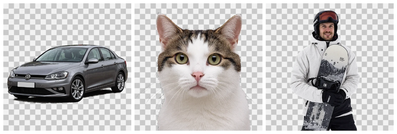 Publisher Ming Design gallery showing a car, a cat and a snowboarder against checkerboard transparency previews.