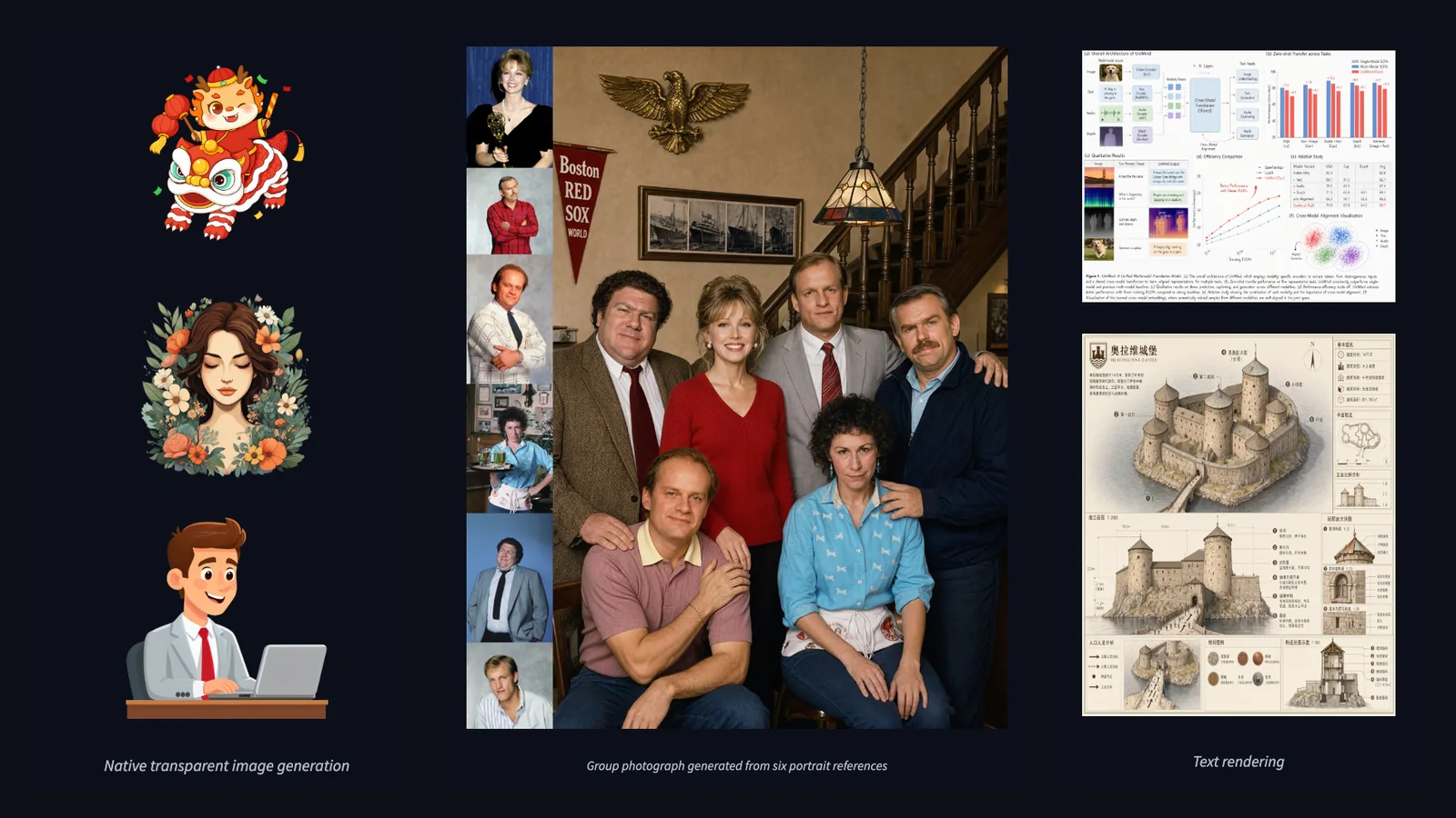 Official Qwen-Image-2.1 examples: three illustrated assets on the left, six reference portraits combined into a group photo in the center, and text-rich diagrams on the right.